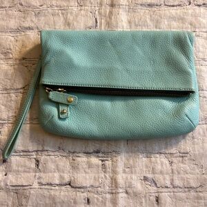 TALBOTS LEATHER FOLD OVER CLUTCH PURSE TIFFANY BLUE GOLD TONE HARDWARE